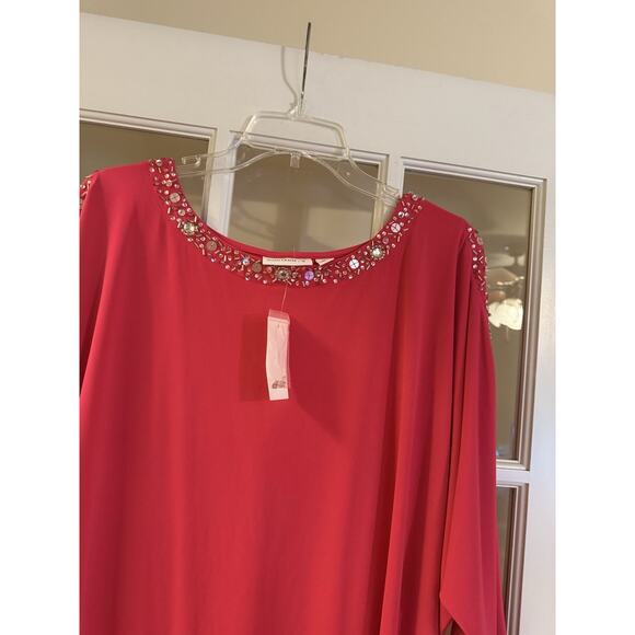 NWT Susan Graver Liquid Knit Blouse Beaded Pink Cold Shoulder 3XL Comfort - Picture 2 of 10